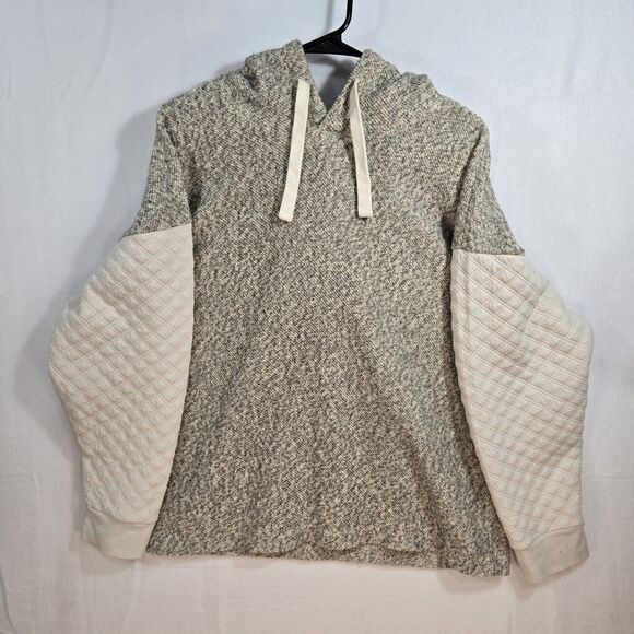 Madewell Quilted Sleeve Hoodie Sweatshirt Top L Ivory Gray Pullover - Picture 1 of 8